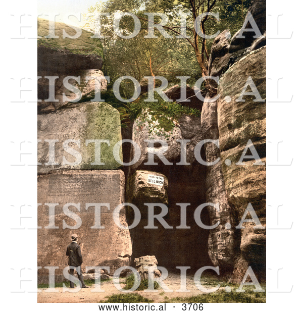 Historical Photochrom of a Man Reading the Carved Text on the High Rocks in Tunbridge Wells Kent England UK