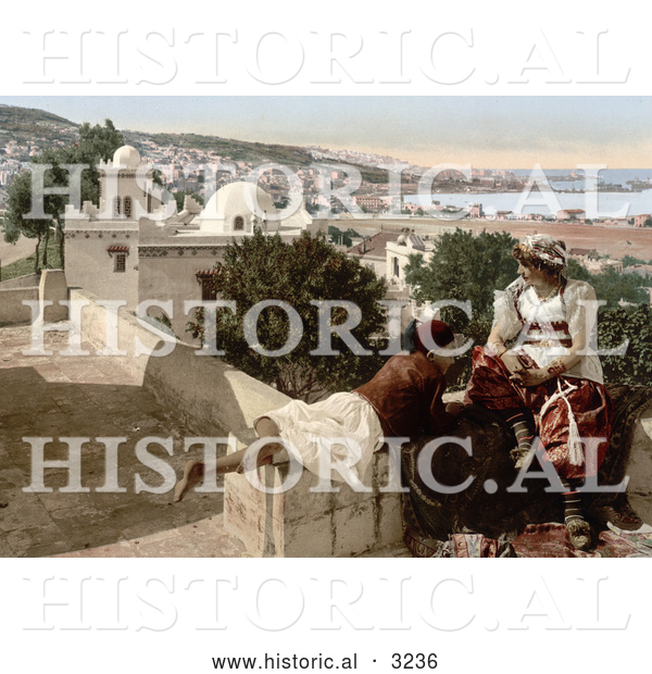 Historical Photochrom of a Moorish Child and Woman on a Terrace, Algeria
