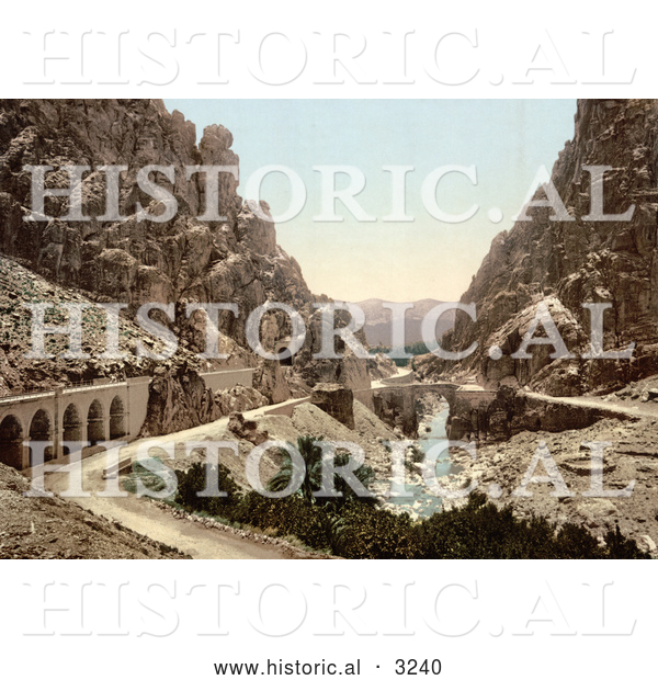 Historical Photochrom of a Road, Bridge and Stream in a Ravine, El Cantara, Algeria