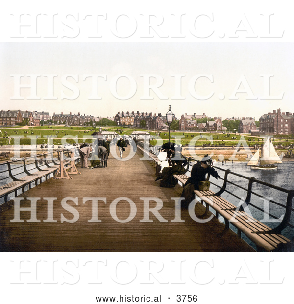 Historical Photochrom of a Sailboat by People Leisurely Enjoying the Victorian Pier in New Hunstanton Norfolk England