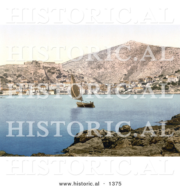 Historical Photochrom of a Sailboat near the Village of Lesina on Lesina Lake, Foggia, Puglia, Dalmatia
