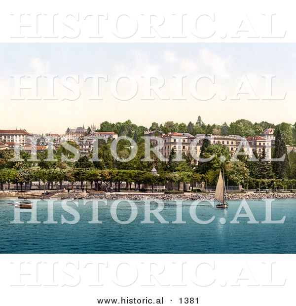 Historical Photochrom of a Sailboat on Geneva Lake near Hotel Beaurivage in Ouchy, Switzerland
