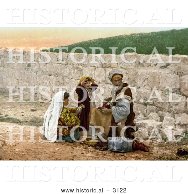 Historical Photochrom of a Shoemaker Man and Children by a Wall in Jerusalem