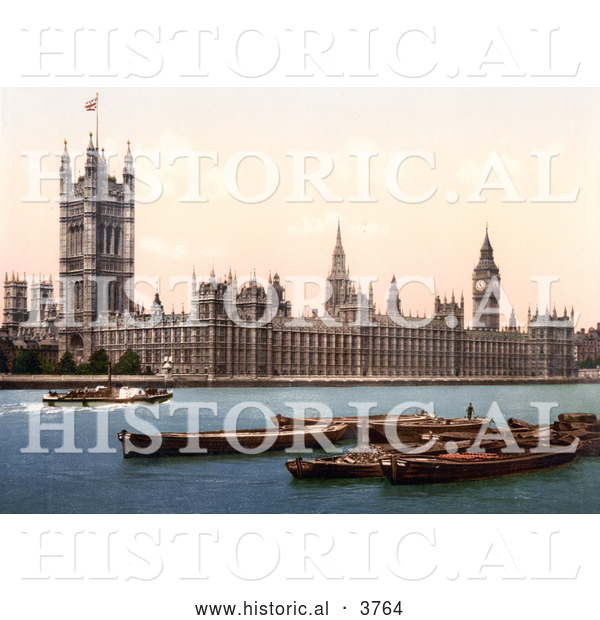 Historical Photochrom of a Steamboat on the Thames River, Passing by the Houses of Parliament and the Big Ben Clock Tower in London England UK