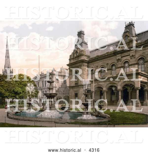 Historical Photochrom of a Water Fountain in Front of Government Buildings in Southport, Sefton, Merseyside, England, UK