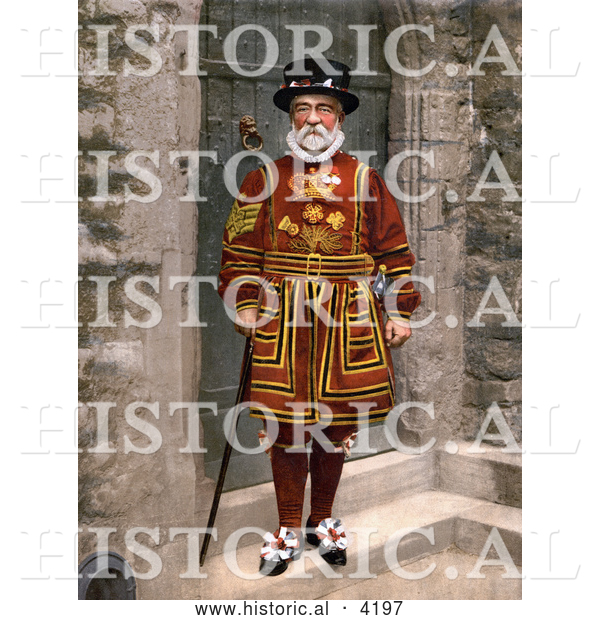 Historical Photochrom of a Yeomen Warder Beefeater Guard in a Red Uniform in London England