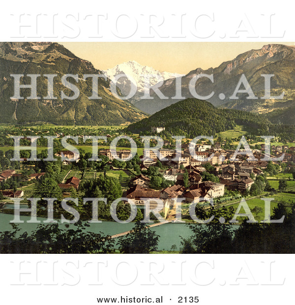 Historical Photochrom of Aare River, Interlaken and Jungfrau in Switzerland