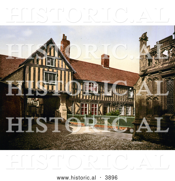 Historical Photochrom of Abbot Reginald’s Gateway and the Old Vicarage in Evesham Worcestershire England UK