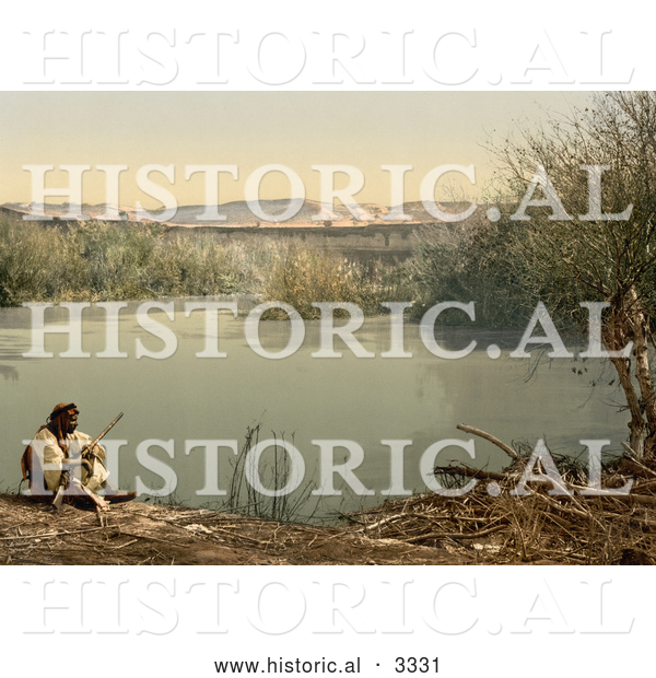 Historical Photochrom of an Arabian Man on the Shore of the River Jordan