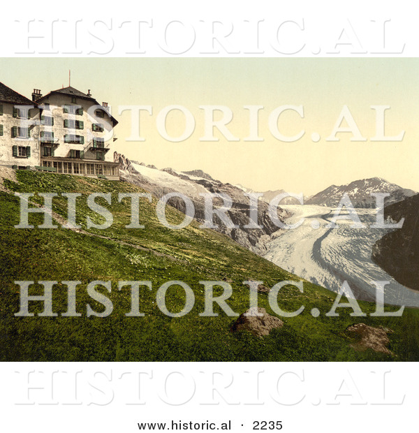 Historical Photochrom of Belalp Hotel and Aletsch Glacier, Switzerland