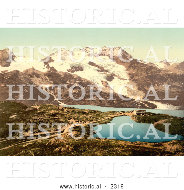 Historical Photochrom of Bernina Hospice and Cambrena Glacier, Switzerland