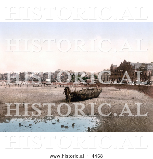 Historical Photochrom of Boat on the Beach in Morecambe Lancashire England UK