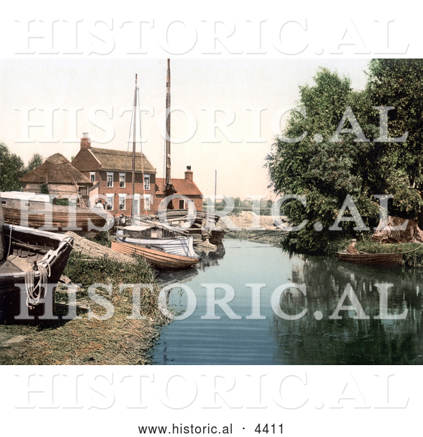 Historical Photochrom of Boats at the Staithe Wharf on the River Thurne in Potter Heigham, Norfolk, England