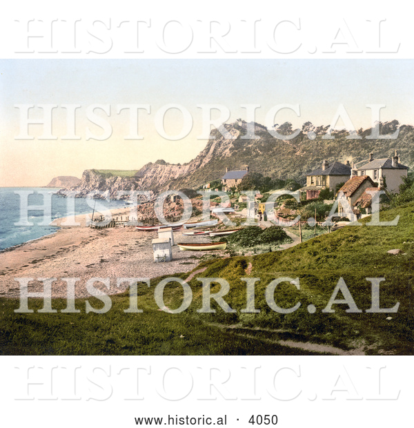 Historical Photochrom of Boats near Beachfront Houses on the Steephill Cove in Ventnor Isle of Wight England UK