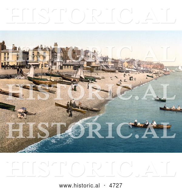 Historical Photochrom of Boats on the Shore and Buildings Along the Waterfront at Deal Kent England