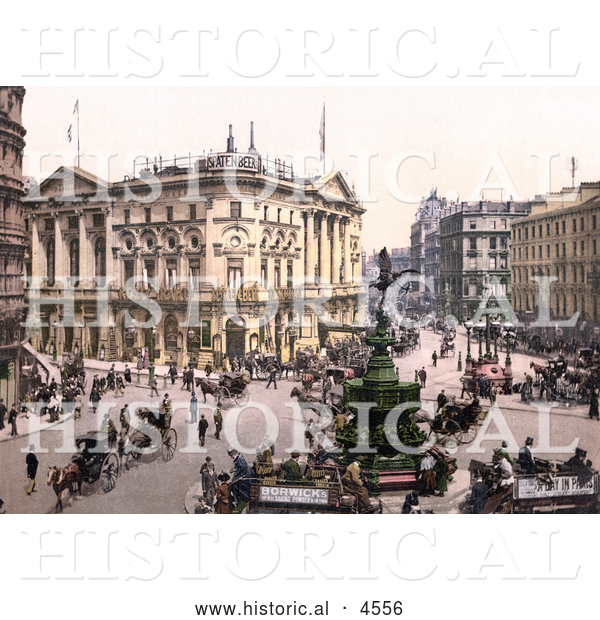 Historical Photochrom of Busy Piccadilly Circus in Westminster, London, England