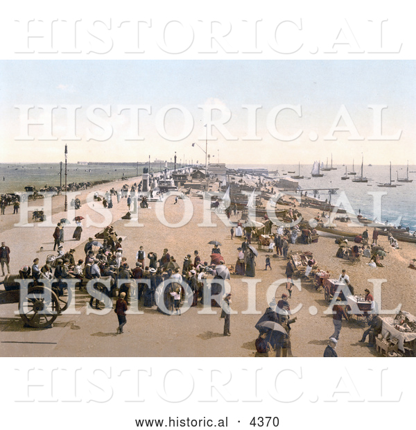 Historical Photochrom of Busy Promenade and Beach at Southsea, Portsmouth, Hampshire, England, UK