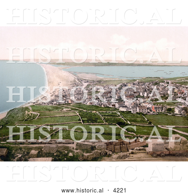 Historical Photochrom of Chesil Beach Bank on the Isle of Portland Dorset England UK
