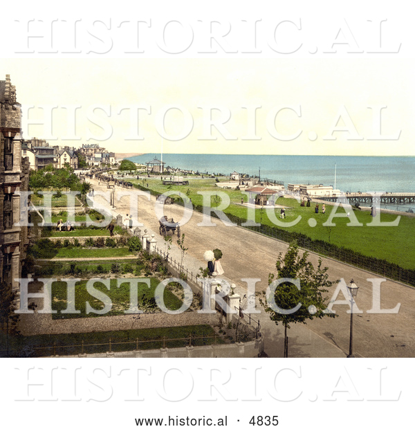 Historical Photochrom of Coastal Buildings, Lawns and Street at Clacton-on-Sea, Essex, England