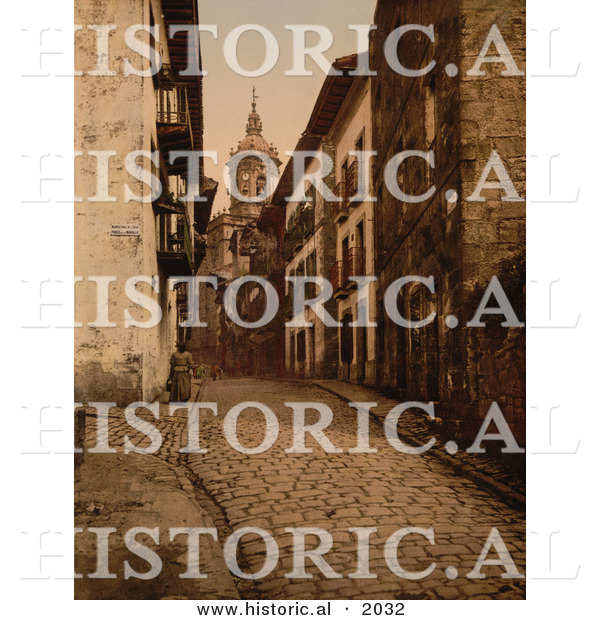 Historical Photochrom of Cobbled Street Scene in Fuenterrabia, Spain