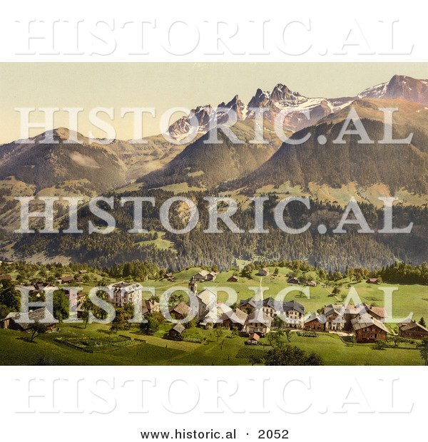 Historical Photochrom of Dents Du Midi and Champery, Switzerland