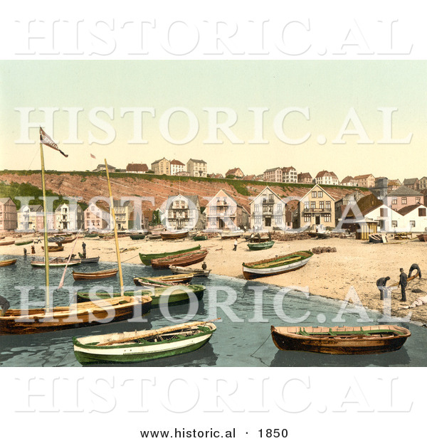 Historical Photochrom of East Beach of Helgoland with Boats and Buildings, Germany