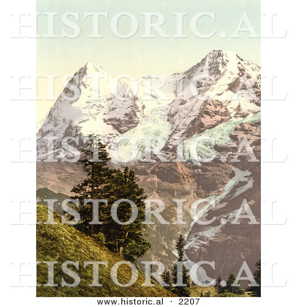 Historical Photochrom of Eiger and Monch Mountains in the Swiss Alps
