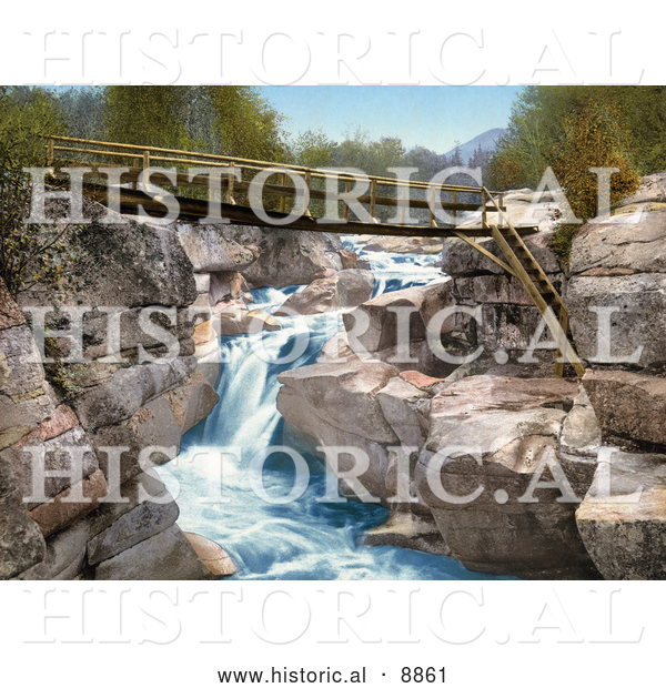 Historical Photochrom of Footbridge over the Upper Falls of the Ammonoosuc River in the White Mountains of New Hampsire