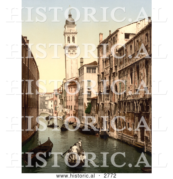 Historical Photochrom of Gondolas and Waterfront Buildings, Venice