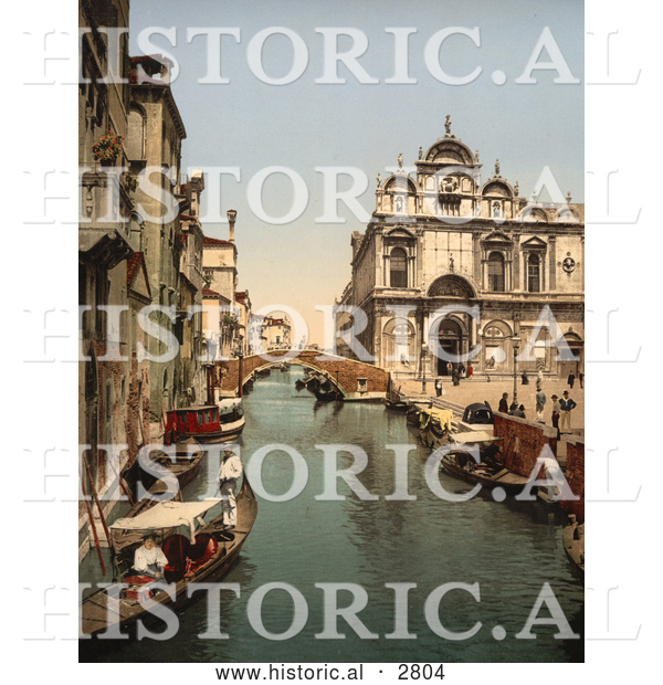 Historical Photochrom of Gondolas on Canal, Venice