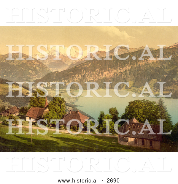 Historical Photochrom of Homes, Church, Lake Thun and Mountains, Switzerland