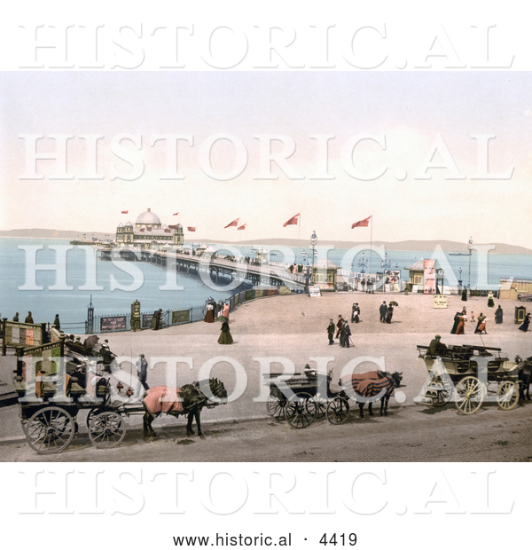Historical Photochrom of Horse Drawn Carriages and People at the West End Pier in Morecambe Lancashire England UK