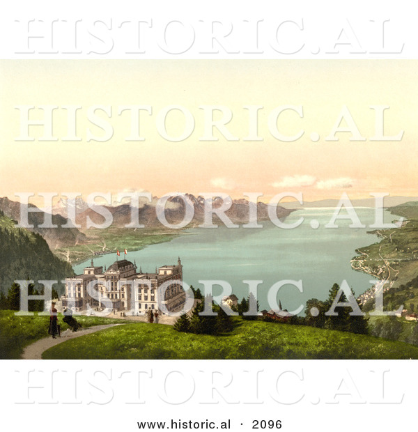 Historical Photochrom of Hotel De Caux and Geneva Lake