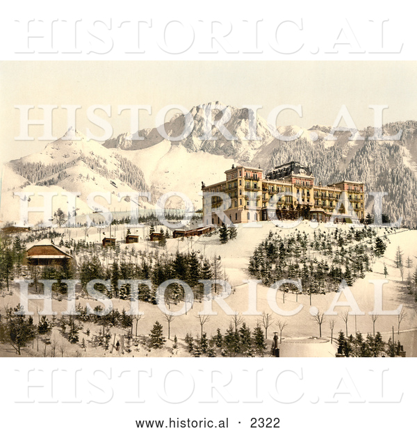 Historical Photochrom of Hotel De Caux, Ochers De Naye and Dent De Jaman in Winter
