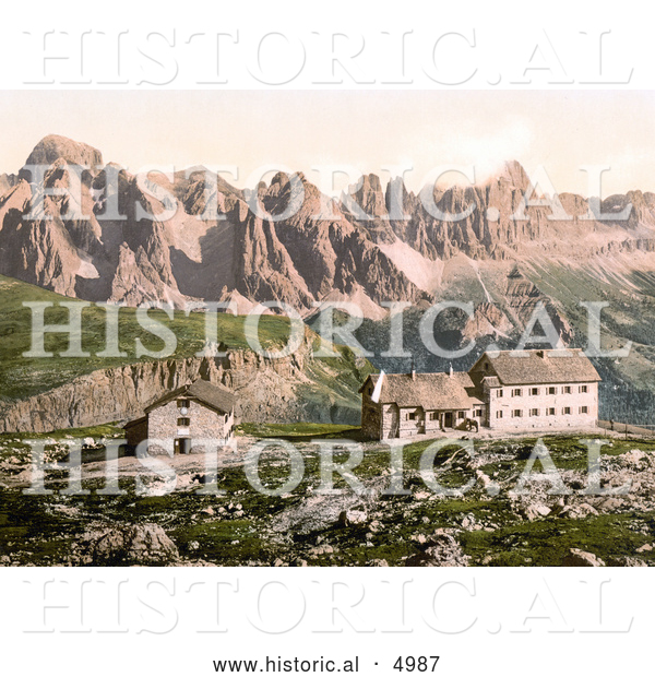 Historical Photochrom of Hotels near Schlernhaus and Rosengarten Group, Tyrol, Austria