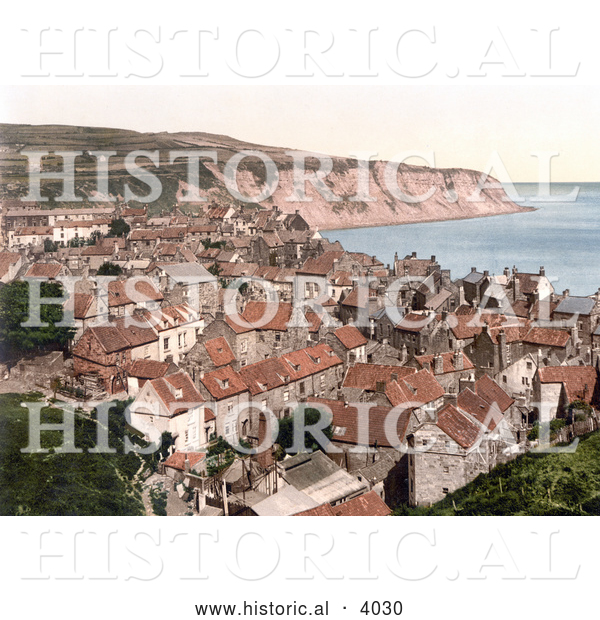 Historical Photochrom of Houses on Robin Hood’s Bay in Bay Town Whitby North Yorkshire England UK