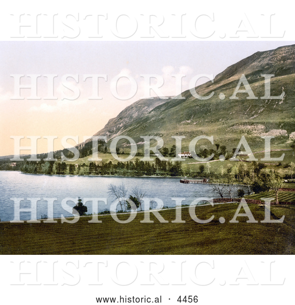 Historical Photochrom of Howtown Bay on Ullswater Lake, Lake District, England, United Kingdom