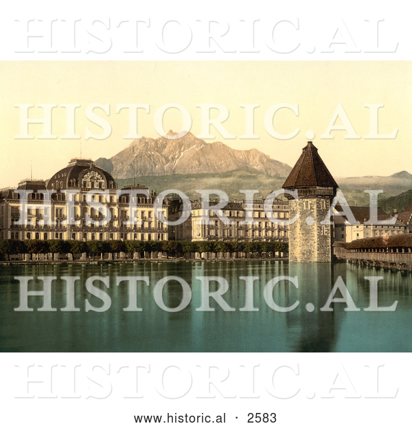 Historical Photochrom of Kapellbrucke and Wasserturm in Switzerland