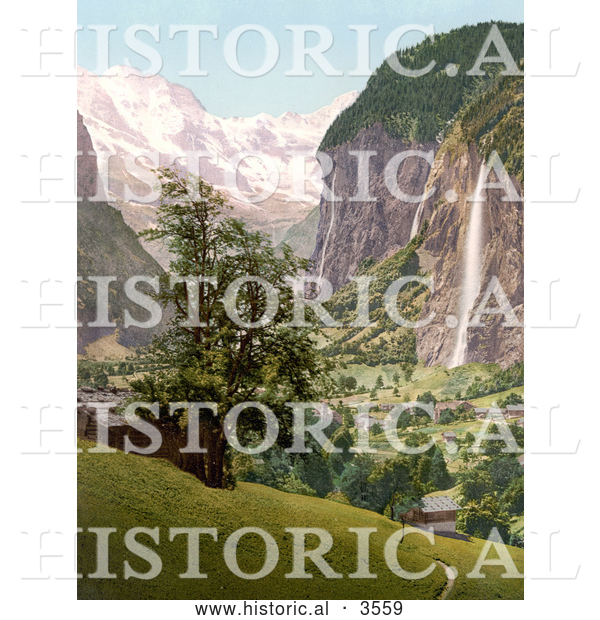 Historical Photochrom of Lauterbrunnen and Staubbach Falls, Interlaken, Berne, Bernese Oberland, Switzerland