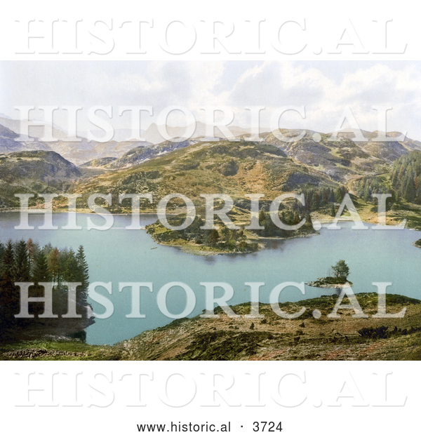 Historical Photochrom of Mountains Surrounding Tarn Hows Coniston Lake District Cumbria England UK