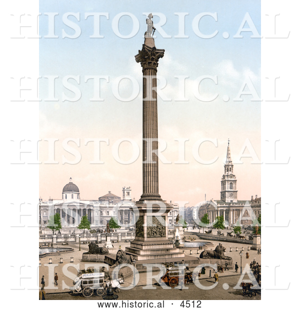 Historical Photochrom of Nelson’s Column, Statue of King George IV, St. Martin-in-the-Fields Church, and the National Gallery in Trafalgar Square London, England