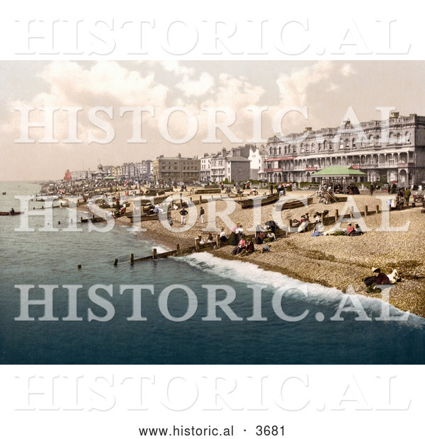Historical Photochrom of People and Boats on the Shore in Worthing West Sussex England UK