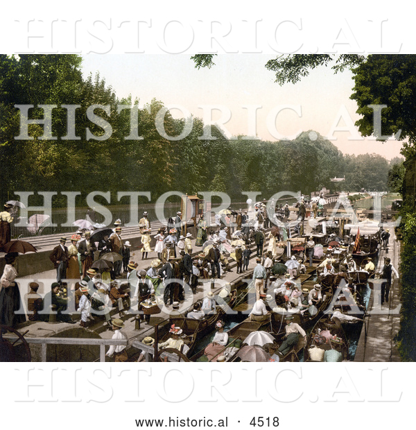 Historical Photochrom of People at Boulter’s Lock on the River Thames in Berkshire, England