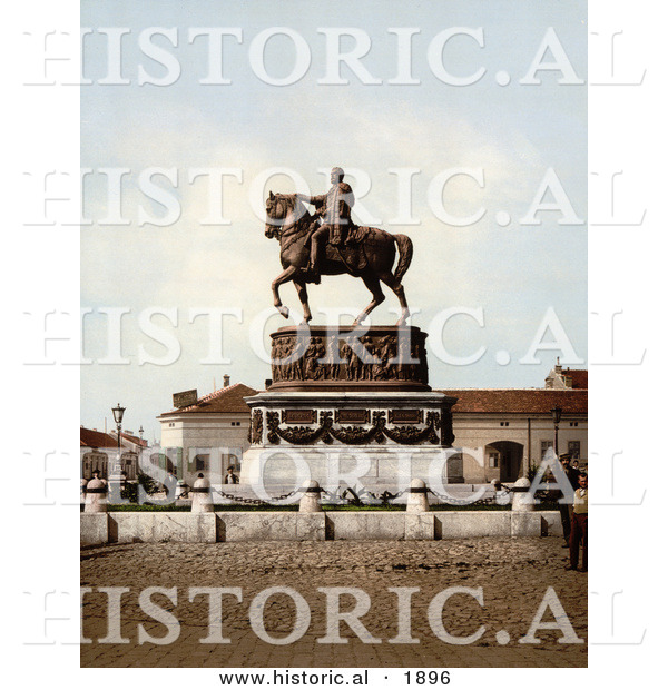 Historical Photochrom of People at Prince Michael's Monument in Belgrade, Serbia