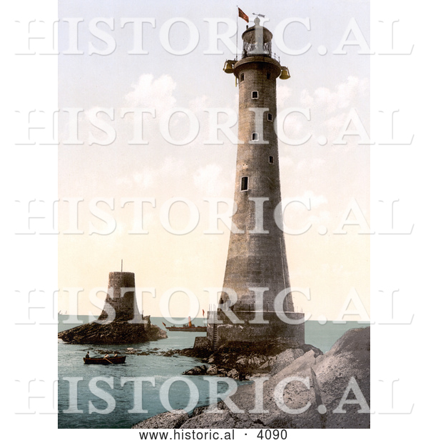 Historical Photochrom of People at the Historical Eddystone Light in Plymouth Devon England UK