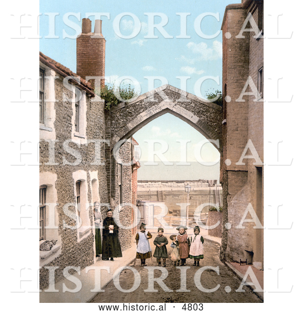 Historical Photochrom of People at York Gate over Harbour Street, Broadstairs, Kent, England, UK
