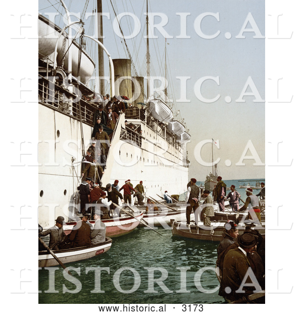 Historical Photochrom of People Boarding on Smaller Boats, Leaving a Big Ship, Algeria