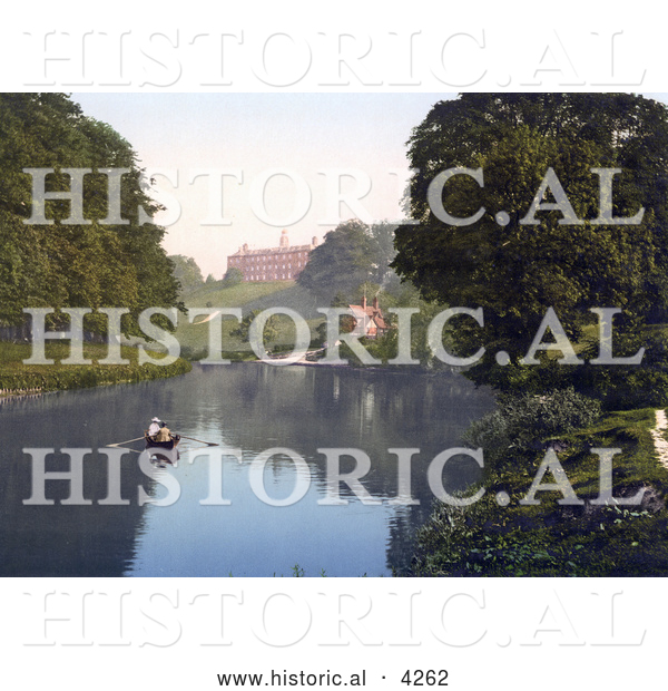 Historical Photochrom of People Boating in the River Severn by the Shrewsbury School in Shrewsbury, Shropshire, England, United Kingdom