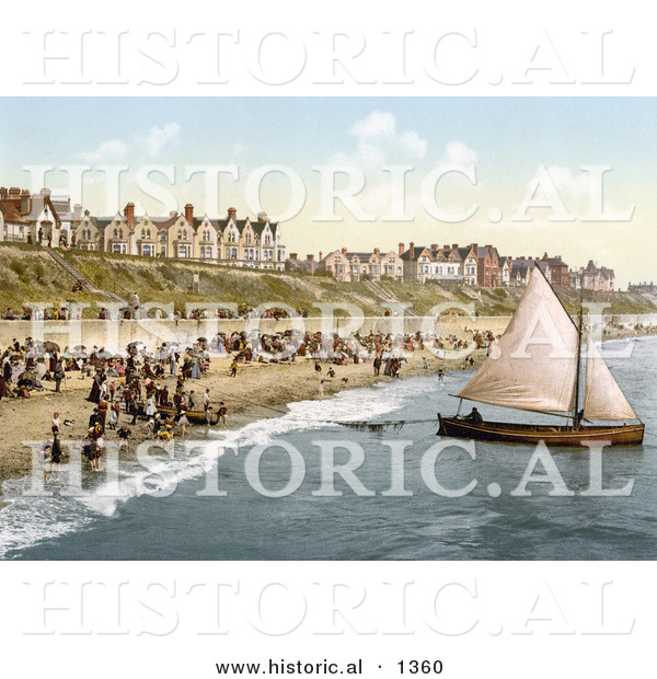 Historical Photochrom of People Crowding on the Beach As a Yacht Starts off from Clacton-on-Sea, Essex, England