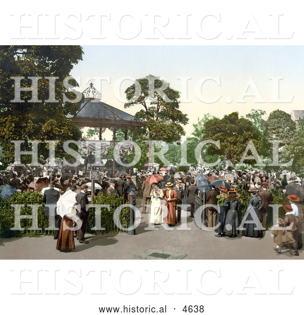 Historical Photochrom of People Enjoying Band Playing Music in a Gazebo in the Harrogate Valley Gardens North Yorkshire, England